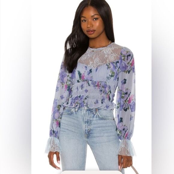 Free People Tops - Free People | Daphne Blouse in Silver Blue Long Sleeve Lace Yoke & Cuff Size L